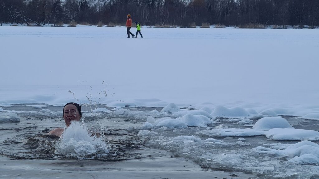 Poděbradské jezero 202601 zatracení bruslaři, šplouchají
